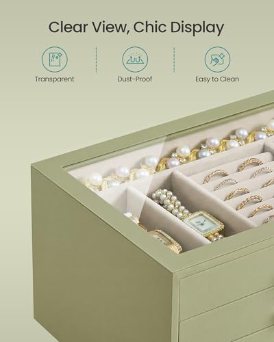 SONGMICS 3-Layer Jewelry Box with Glass Window, 3 Drawers, Golden Handles - color: Sage Green, size: 3-Tier