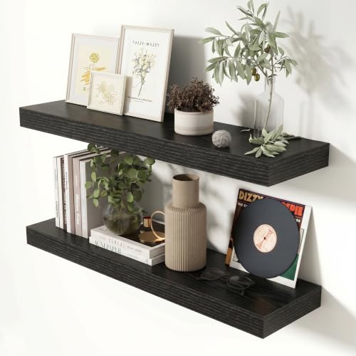 Heimlove 32 Inch Floating Shelves for Wall Black Shelves Set of 2,Wall Mounted Rustic Wood 8 Inch Deep Floating Shelf with Invisible Brackets for Bedroom Kitchen Living Room - color: Black, size: 32''W x 7.9''D x 1.5''H,Set of 2-MDF