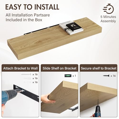 Acovy 40 Inch Floating Shelves, 12" Deep Floating Shelf Wall Mounted, 40" Wall Shelves, Rustic Deep Bookshelf, Extra Deeper & Thicker Display Shelves for Bedroom, Living Room, Oak, Set of 2 - color: Oak, size: 12"Wx40"L-2pcs
