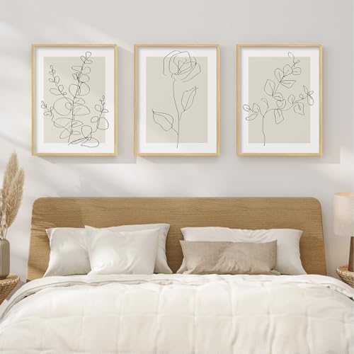 Framed Neutral 3 Piece Minimalist Floral Wall Art Master Bedroom, 12x16 In | Neutral floral picture, 3 piece, Canvas print, Minimalist, Abstract botanical line, Beige, Leaf, Master above bed wall decor - color: Beige and White