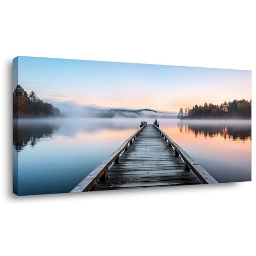 Palderwallart Beautiful Pier Lake Wooden Jetty Landscape Wall Art for Living Room Office Dawn Lakeside Forest Nature Scenery Navy Orange Blue Sunrise Painting Print Scenic Artwork (20x40 Inches) - color: Navy Orange Blue Sunrise Wall Art (Y848), size: 40"