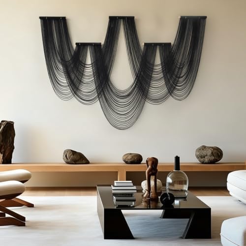 Black Macrame Wall Hanging 5 Panel Boho Wall Decor Fiber Art 68"W *46"L - color: Black