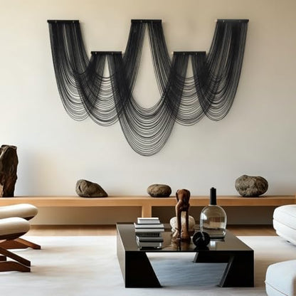 Black Macrame Wall Hanging 5 Panel Boho Wall Decor Fiber Art 68"W *46"L - color: Black