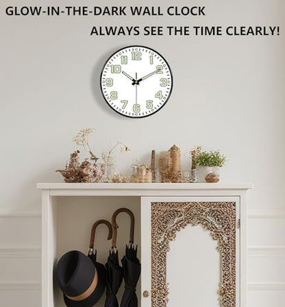 12 Inch Silent Wall Clocks Battery Operated, Glow in the Dark Wall Clock with Easy Read Numbers Non-Ticking Tempered Glass Night Vision Clocks for Living Room Office Gym Bedroom, Modern White - color: White Green, size: 12 Inch