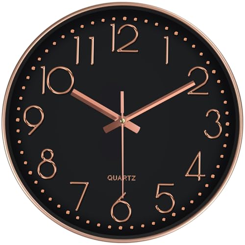 Silent Wall Clocks Battery Operated 8 Inch, Analog Wall Clock with Oversized Number Tempered Glass Clock Face, Non Ticking Wall Clocks for Living Room Bedroom Kitchen Office, Black Rose Gold - color: Black Rose Gold, size: 8 Inch