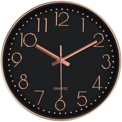 Modern Silent Wall Clock - 12 Inch Wall Clocks Battery Operated Large Number, Non-Ticking Analog Clock with Tempered Glass Quartz Clocks for Living Room Bedroom Office Kitchen, Black Rose Gold - color: Black Rose Gold, size: 12 Inch
