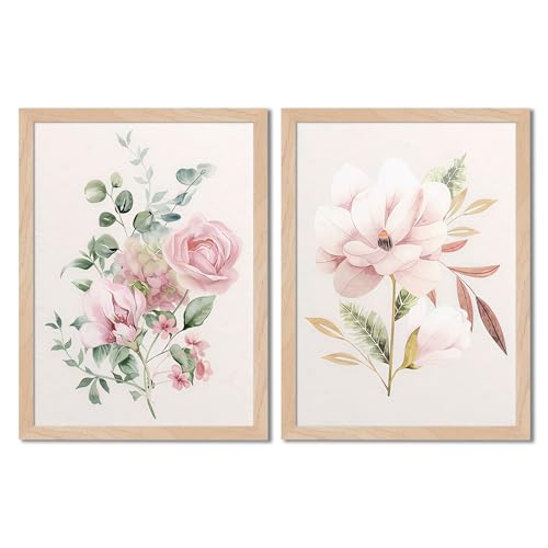 Framed Botanical Wall Art Set of 2, Pink Floral Canvas Prints with Natural Wood Frame & Acrylic Cover, Modern Watercolor Flowers Elegant Flower Picture Paintings for Bedroom Living Room Bathroom Decor 12x16IN - color: Pink floral, size: 12x16Inch
