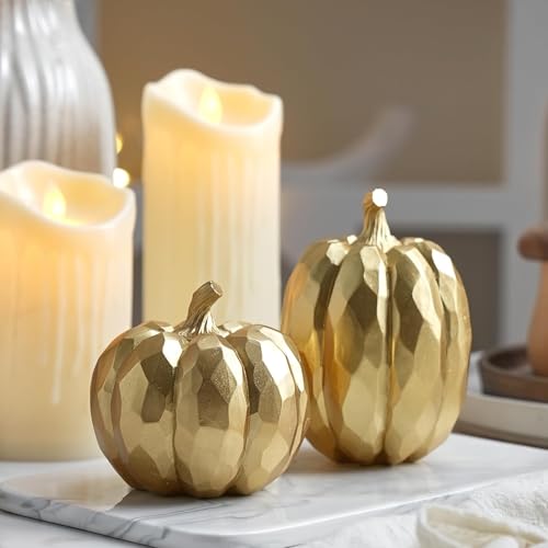 FESTGLOX Pumpkin Decor Fall Decoration, Resin Gold Pumpkins for Decorating - color: Elegant Gold-2pcs