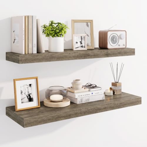 Marsmiles 32" Floating Shelves for Wall, Wooden Shelves with Invisible Brackets Set of 2, Rustic Farmhouse Wall Mounted Shelf for Kitchen Bathroom Living Room Study, Grey - color: Grey, size: 32"