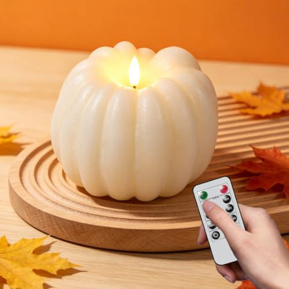 Wondise Fall Decorations Real Wax Pumpkin Candles with Remote Timer - color: 2-White