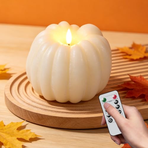Wondise Fall Decorations Real Wax Pumpkin Candles with Remote Timer - color: 2-White