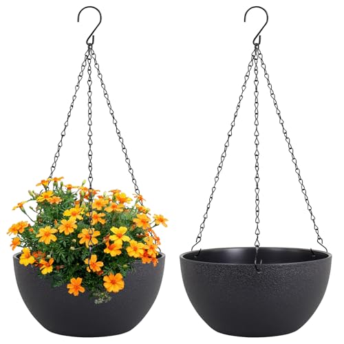 Meowell 10 inch Hanging Planters for Indoor Outdoor Plants, 2 Pack Hanging Flower Pots with Drainage Holes and Chain for Garden Porch, Round Plastic Hanging Baskets for House Plants, Black - color: Black, size: 10inch 2pcs
