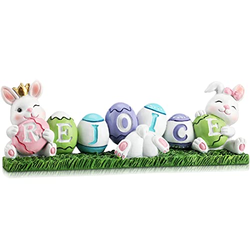 Yookeer Easter Decorations for Home, Bunny Rejoice Table Centerpieces with Colorful Eggs Tabletop Spring Rabbit Figurine for Office Living Room Bedroom Holiday Decor