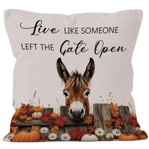 Fall Donkey Daisy Floral Pumpkin Leaves Throw Pillow Covers 18x18 - color: Donkey-02