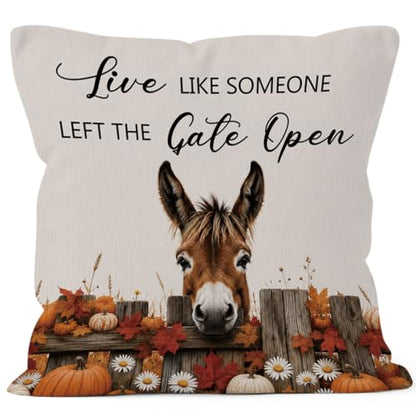 Fall Donkey Daisy Floral Pumpkin Leaves Throw Pillow Covers 18x18 - color: Donkey-02