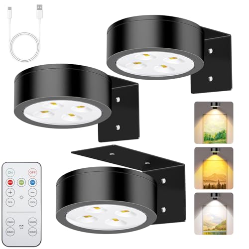 Rechargeable Battery Painting Light Picture Lights with Remote Control, Magnetic LED Art Lights for Framing, Dimmable and Timer-Equipped, 3 Lighting Modes,3Pack Black - color: Black, size: 3 Pack