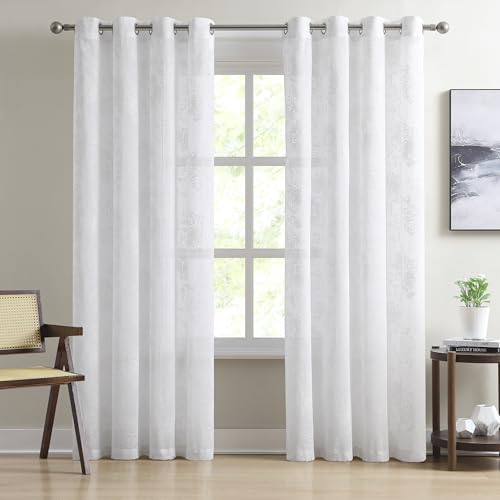 LinenZone 54x84 White Curtains with White Flower Print. (Flora 54x84 White) - color: White, size: 54"W x 84"L (Pack of 2)
