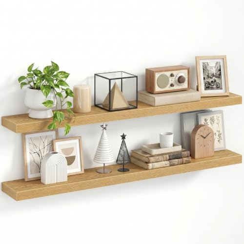 1.5" Thick Floating Shelves for Wall, 48"x6.5" Wall Mounted Shelf, Wall Storage Shelf,No Sag,Easy Install Wood Grain Shelf for Bedroom, Kitchen, Living Room & Hallway,Oak,Pack of 2 - color: Oak, size: 48"x 6.5"-Pack of 2