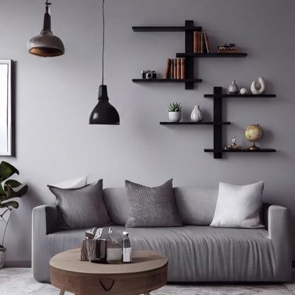 Pinkunn 2 Pack Floating Wall Shelf Mid Century Decor, Black, 3 Tier - color: Black
