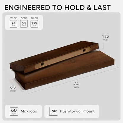 Homeforia 24 Inch Floating Shelves, High-End Solid Pine Wood, Set of 2 - color: American Walnut - Satin Dark Tone, size: 24 inch