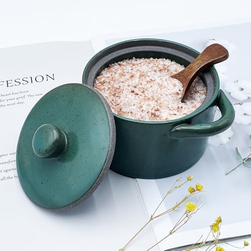 12 oz Ceramic Salt Cellar with Lid & Wooden Spoon,Countertop Salt Container,Sugar Bowl,Spices Jar| Artisan Kitchen Decor(Green B) - color: Green B