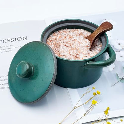 12 oz Ceramic Salt Cellar with Lid & Wooden Spoon,Countertop Salt Container,Sugar Bowl,Spices Jar| Artisan Kitchen Decor(Green B) - color: Green B
