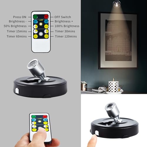 2-Pack LED Spotlight Battery Operated Picture Lights,Puck Lights with 2 Remote,Dimmable Stick Spot Lights with Timmer for Wall Painting Dartboard - color: Black Silver