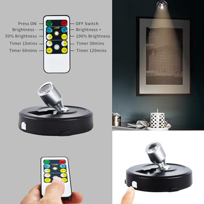2-Pack LED Spotlight Battery Operated Picture Lights,Puck Lights with 2 Remote,Dimmable Stick Spot Lights with Timmer for Wall Painting Dartboard - color: Black Silver