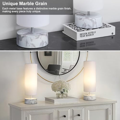 Touch Table Lamp with Marble Grain Metal Base, 3 Way Dimmable Bedside Lamp - color: White Marble Base with White Shade