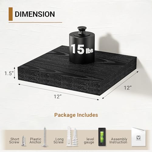 Vivelove Black Floating Shelves, 12 X 12 Inches Deep, Set of 2 - color: Black, size: 12”wx12”dx1.5”h