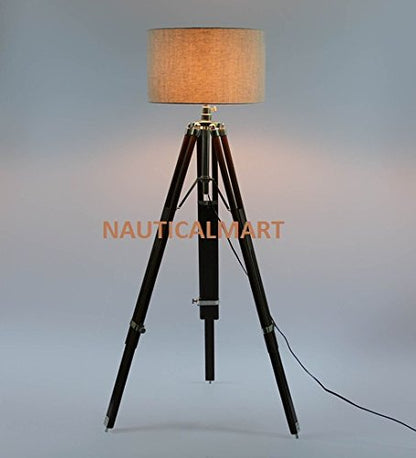 NauticalMart Beautiful Designer Wooden Tripod Floor LAMP with White Cotton Shade