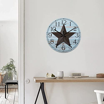 Round Farmhouse Wall Clock Western Texas Star Retro Style Wood Clock Quiet Non-ticking Battery Operated with Large Numbers Country Wall Hanging Analog Clock for Living Room Farmhouse Kitchen 15 Inch - color: Style, size: 15in