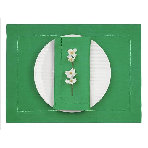 D'Moksha Homes Linen Placemats Set of 4 - Classic Hemstitch Kelly Green Placemats 14 x 19 Inch - 100% Pure Linen Table Mats - Handcrafted and Machine Washable - color: Kelly Green, size: Set of 4 (14 X 19 Inch)