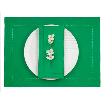 D'Moksha Homes Linen Placemats Set of 4 - Classic Hemstitch Kelly Green Placemats 14 x 19 Inch - 100% Pure Linen Table Mats - Handcrafted and Machine Washable - color: Kelly Green, size: Set of 4 (14 X 19 Inch)
