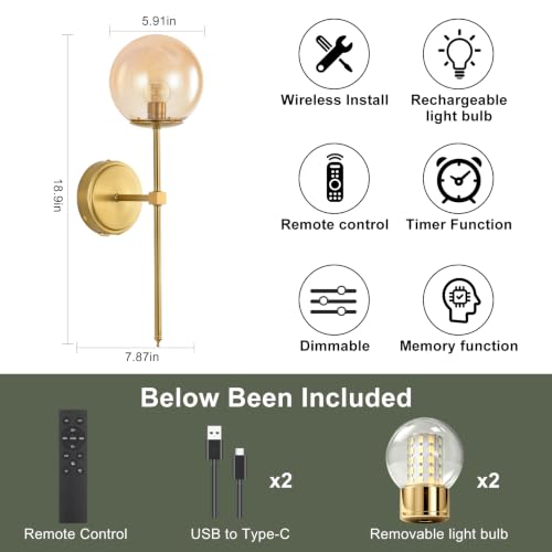 Globe Battery Operated Sconce Set of 2 with Clear Glass Lampshade - color: Gold-Amber
