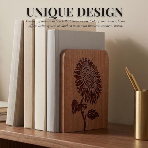 INNObeta Decorative Wooden Book Ends, Natural Bookends, Heavy Duty Bookends for Shelves Unique Design(1 Pair, 4.72x6.69 Inches) - Sunflower - color: Sunflower