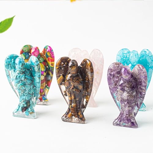 Crystal Angel Figurine, Mini Resin Angel Decor with Natural Gemstone Chips - color: Ocean Jasper