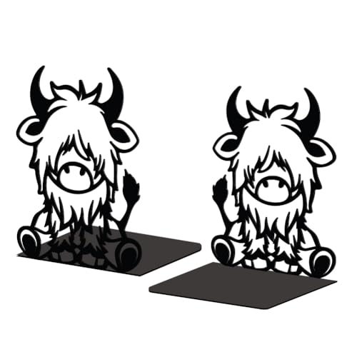 Peacoblue 5.3"x4.3"x6.5" Metal Bookends, Heavy Duty Book Ends for Shelves - style: Highland Cattle