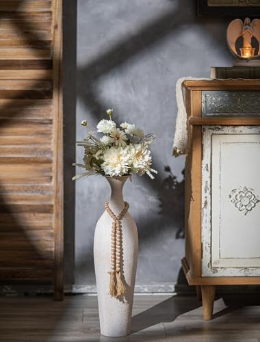 Sziqiqi Metal Tall Floor Vase, Large Boho Vase with Bead for Pampas Grass - color: Beige