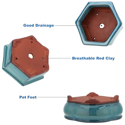 Bonsai Planter 5.7" 6" Small Succulent Glazed Pots Set of 2 + 6 Soft Mesh Drainage Screens - style: Style A&B