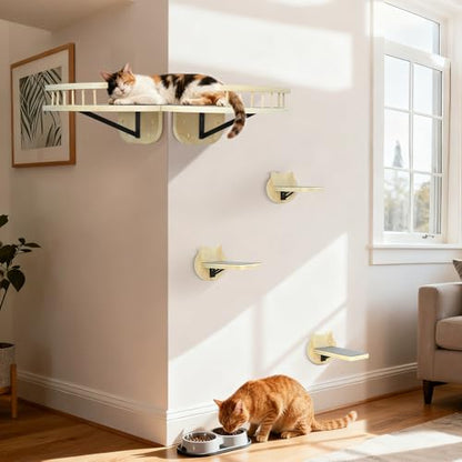 Cat Wall Shelves Furniture Set with Scratching Pad，Wooden Cat Climbing Wall Systems with 2 Perches and 3 Steps, Floating Shelves Bed Wall Mounted for Indoor Fit Up to 15Lbs (Burlywood) - color: Burlywood