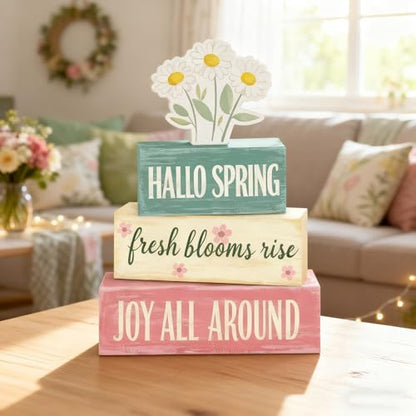 Spring Decoration Wooden Tiered Tray Decor – Rustic Hallo Spring Stacked Block Sign with Daisy Flower Topper – Farmhouse Tabletop Spring Decor for Living Room Shelf Kitchen Coffee Bar Seasonal Home Display - style: Hallo Spring