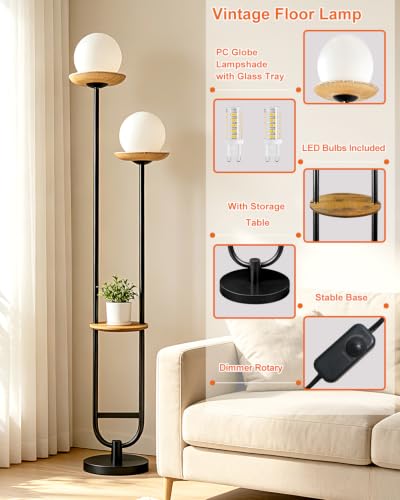 Lightdot 2-Globe Floor Lamp Dimmable with Amber Glass Tray Black Floor Lamp - color: Amber-2U Black
