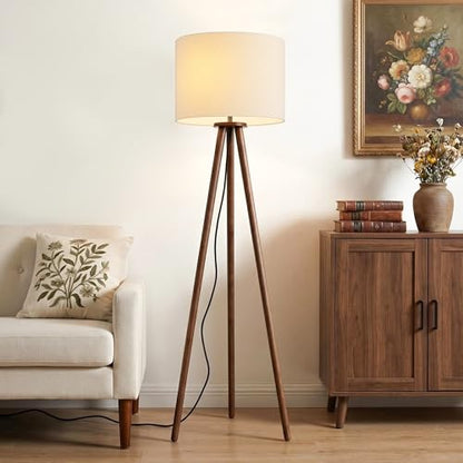 Buruis 60.6 Inch Walnut Wood Tripod Floor Lamp with Linen Drum Shade, Beige - color: Beige