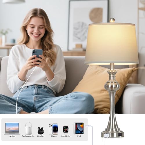 CINSARY Silver Table Lamps Set of 2, 29" Bedside Lamps with USB C+A - color: Silver-set of 2