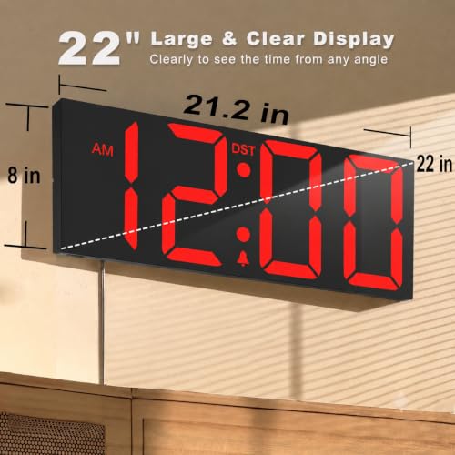JALL 22" Large Digital Wall Clock with 7.3-inch Big LED Numbers, Wall Clock with Night Light, Auto Dimming & DST, Giant Alarm Clock for Seniors, Black Shell Red Font - color: Black, size: 22 inches
