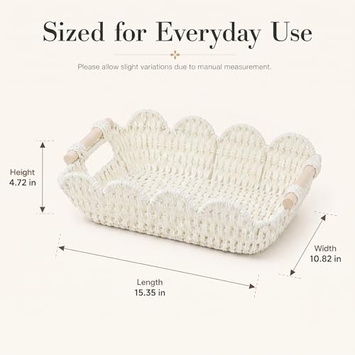 Coeusy Set of 2 Paper Rope Scalloped Baskets, Cute Wicker Baskets White - color: White