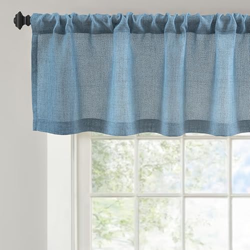 DriftAway Linen Textured Curtain Valances for Windows Light Filtering 3 Inch Rod Pocket Farmhouse Country Rustic Kitchen Valances for Bedroom Living Room Bathroom 14 inch Length Blue - color: *Blue, size: 52"W x 14"L (Pack of 1)