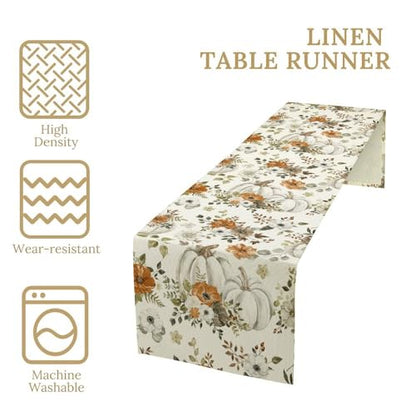 Fall Thanksgiving Table Runner, White Pumpkin Maple Leaves Autumn Flower Pattern Table Runner for Holiday Home Kitchen Dining Table Party 13x36in - color: Fall-2, size: 13x36in