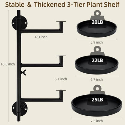 Rotating Window Plant Shelves with Adjustable Knobs, 3 Tiers Metal Wall Shelf for Plants Indoor, Sturdy Hanging Plant Holder, Window Wall Decor & Gardening Gifts (Black)